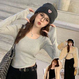 여성 핑거홀 긴팔 티셔츠 라운드 넥 흰티 얇은 티셔츠 여성