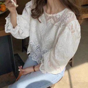 시스루 퍼프소매 여름 레이스 자수 셔츠 크롭 리본 블라우스 여성