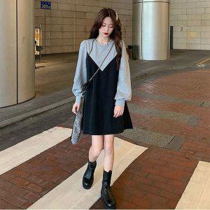 블랙 긴팔 배색 원피스 라운드넥 캐주얼 스쿨룩 겨울 빅사이즈
