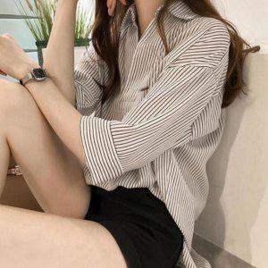 화이트 스트라이프 쉬폰 블라우스 카라 하객룩 셔츠 반팔 줄무늬 여성블라우스
