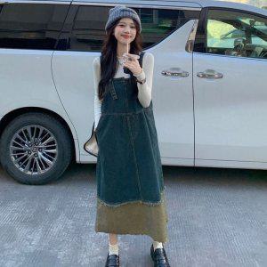 데님 멜빵원피스 배색원피스 오버롤 스커트 멜빵스커트 점프수트