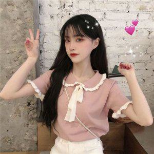 여성반팔티 핑크 카라티 리본 반발티 여름반팔티셔츠 여성여름옷 예쁜티셔츠