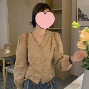 브이넥 셔링 스트랩 블라우스 베이지 셔츠 블라우스 데일리 뷔스티에 이너