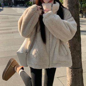 아이보리 양털 후리스 집업 오버핏 자켓 여성 봄 아우터 뽀글이