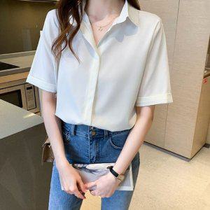 쉬폰 여름 여성 셔츠 반팔 블라우스 퍼프 상의 오피스룩 흰색