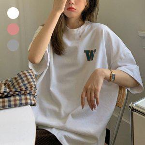 여성 W 스펠링 오버핏 반팔티 흰색 무지반팔티 라운드티셔츠 기본티셔츠 여름