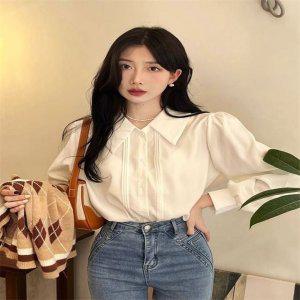화이트 카라 블라우스 긴팔 여성 출근룩 클래식 셔츠 흰색 와이셔츠