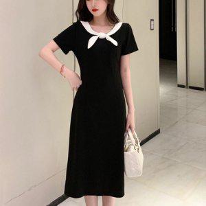 리본 롱 검정 원피스 브이넥 284 주름 온나
