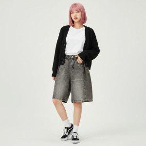 여성 와이드 워싱 데님 반바지 사이드절개 핀턱 버뮤다팬츠 5부 7부