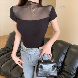 블랙 시스루 반팔 기본 슬림핏 티셔츠 여성티셔츠 쫄티