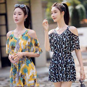 트로피컬 여성 원피스 수영복 체형커버 여성 어깨 트임 수영복 플레어