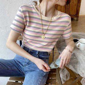 데일리 여성 반팔 티셔츠 스트라이프 반팔 단가라티 여름
