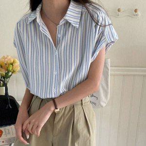 데일리 여성 반팔 블라우스 썸머 여름 블라우스 스트라이프 코튼 헨리넥