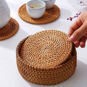핸드메이드 라탄 컵 받침 코스터 원형 받침 테이블 10cm 6개