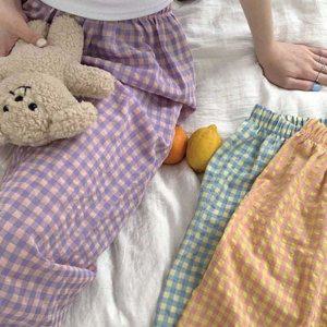 와이드 잠옷 바지 체크 여성 잠옷 바지 파자마 여름