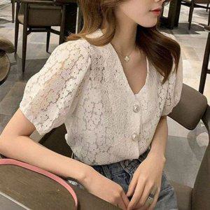 오버핏 여성 레이스 블라우스 브이넥 여성 시스루 블라우스 데일리 여름