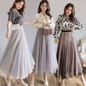 플리츠 여성 롱 스커트 메쉬 튜튜 스커트 그라데이션 데일리 여름