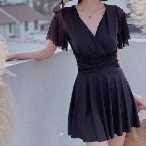 여성 원피스 수영복 셔링 수영복 체형커버 반팔 리조트 프릴 브이넥 물놀이 바캉스 웨어
