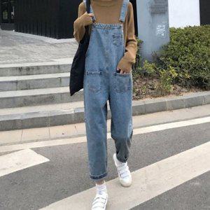 여성 멜빵 바지 데님 멜빵 캐주얼 오버롤 포켓 반배기 배기 워싱 팬츠