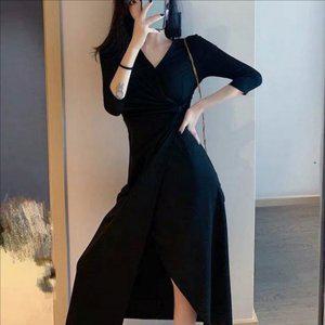 꾸안꾸 여성 브이넥 롱 원피스 꼬임 여자 크로스 랩 원피스