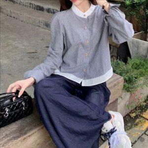 카라리스 여자 차이나카라 셔츠 루즈핏 여성 스트라이프 셔츠 블라우스 배색