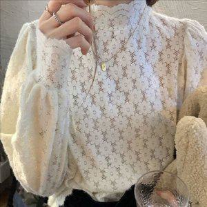 하프넥 시스루 레이스 블라우스 이너 여성 레이스 블라우스 러블리 데이트룩