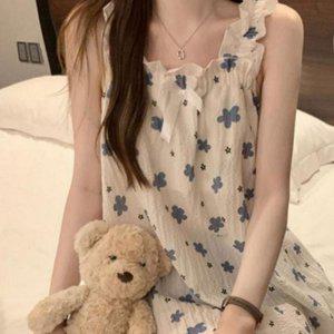 민소매 여성 파자마 원피스 스퀘어넥 여성 잠옷 원피스 쿨링 프릴