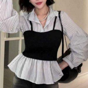 루즈핏 여성 레이어드 블라우스 하객룩 여성 뷔스티에 셔츠 데일리 스트라이프