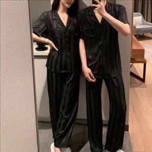 여름 실크핏 스트라이프 잠옷 홈 실크핏 반팔 잠옷 남녀공용 커플