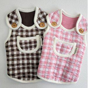 체크 강아지 프리미엄 포켓 조끼 핑크 1P 겨울 보온 산책 애견