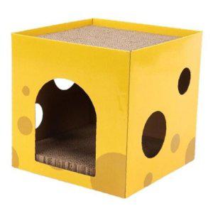 고양이 치즈 프리미엄 숨숨집 2단 스크래쳐 30cm 옐로우 1P