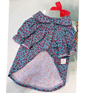 강아지 호피 컴팩트 긴팔 카라 셔츠 블루 1P 리본 남방 외출