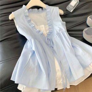 레이어드 여성 프릴 블라우스 민소매 여성 리본 블라우스 나시 여름