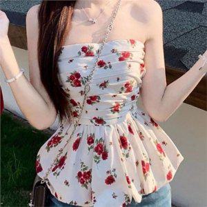 민소매 여성 플라워 블라우스 스모크 여성 오프숄더 블라우스 플레어 주름
