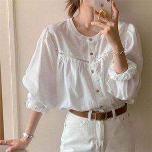 데일리 여성 노카라 셔츠 루즈핏 여성 펀칭 셔츠 블라우스 라운드