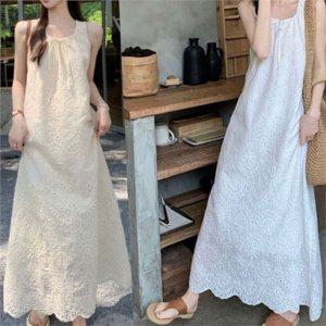 플라워 여성 펀칭 원피스 데일리 민소매 원피스 휴양지 여름