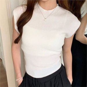 슬림핏 여성 골지 티셔츠 라운드 여성 반팔 티셔츠 뒤트임 데일리