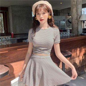 스트라이프 여성 비키니 프릴 비키니 투피스 수영복 여름 비치