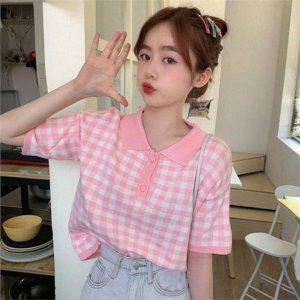 여름 여성 반팔 티 FREE 크롭 반팔 티 체크 니트