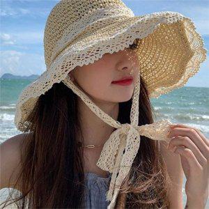 레이스 여성 버킷 햇 55~58cm 밀짚 왕골 모자 휴양지 바캉스