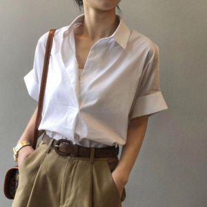 데일리 여성 반팔 블라우스 브이넥 여성 롤업 셔츠 루즈핏 여름