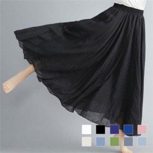 플레어 여성 아사 면 치마 밴딩 여성 롱 치마 스커트