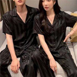 커플 반팔 잠옷 세트 실키 실크 반팔 잠옷 남녀공용 투피스