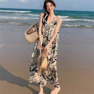 플라워 여성 롱 원피스 보헤미안 여름 롱 원피스 롱비치 바캉스