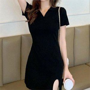 데일리 여성 원피스 니트 원피스 브이넥 여름 반팔 카라 트임