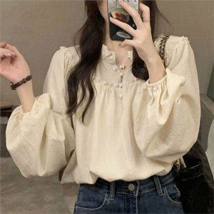 데일리 프릴 블라우스 베이직 여성 크롭 블라우스 긴소매 오피스 가을