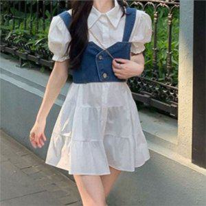 뷔스티에 여성 데님 원피스 세트 캐주얼 데님 원피스 여름 반팔