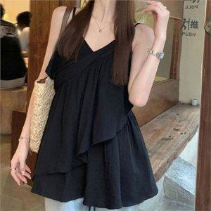 루즈핏 브이넥 티셔츠 끈나시 캉캉 여성 프릴 티셔츠 민소매 여름