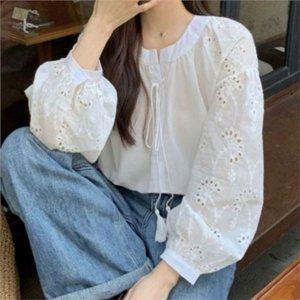 루즈핏 여성 펀칭 블라우스 플라워 자수 블라우스 데일리 여름