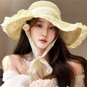 플로피 여름 모자 레이스 여성 밀짚 모자 휴양지 비치